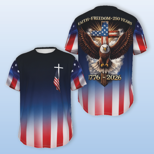 DailyFits Faith Freedom 250 Years Patriotic Eagle Christian American Flag Shirt