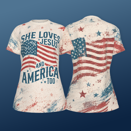 DailyFits She Loves Jesus And America Too Patriotic Christian American Flag Shirt
