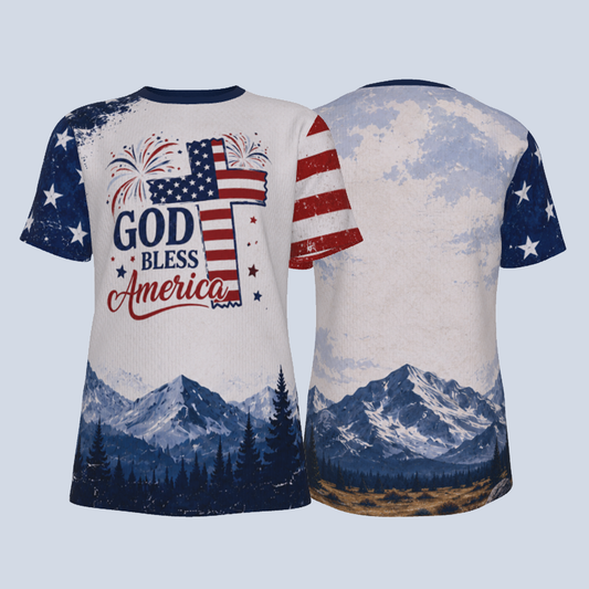 DailyFits God Bless America Christian Patriotic Mountain Landscape Shirt