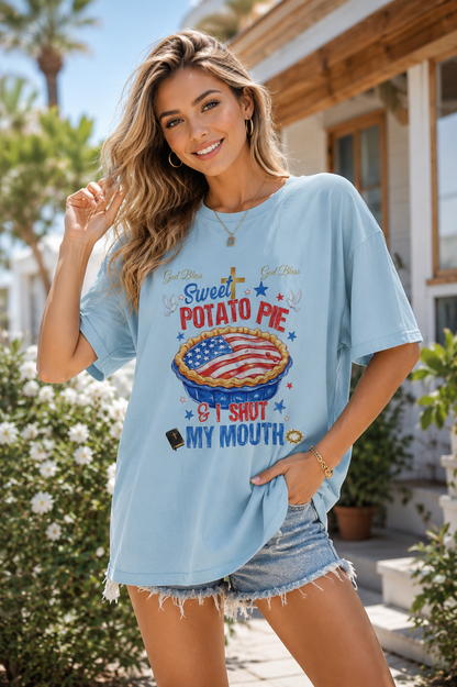 DailyFits Sweet Potato Pie Patriotic Graphic T-Shirt, Funny Southern Food Tee, God Bless America