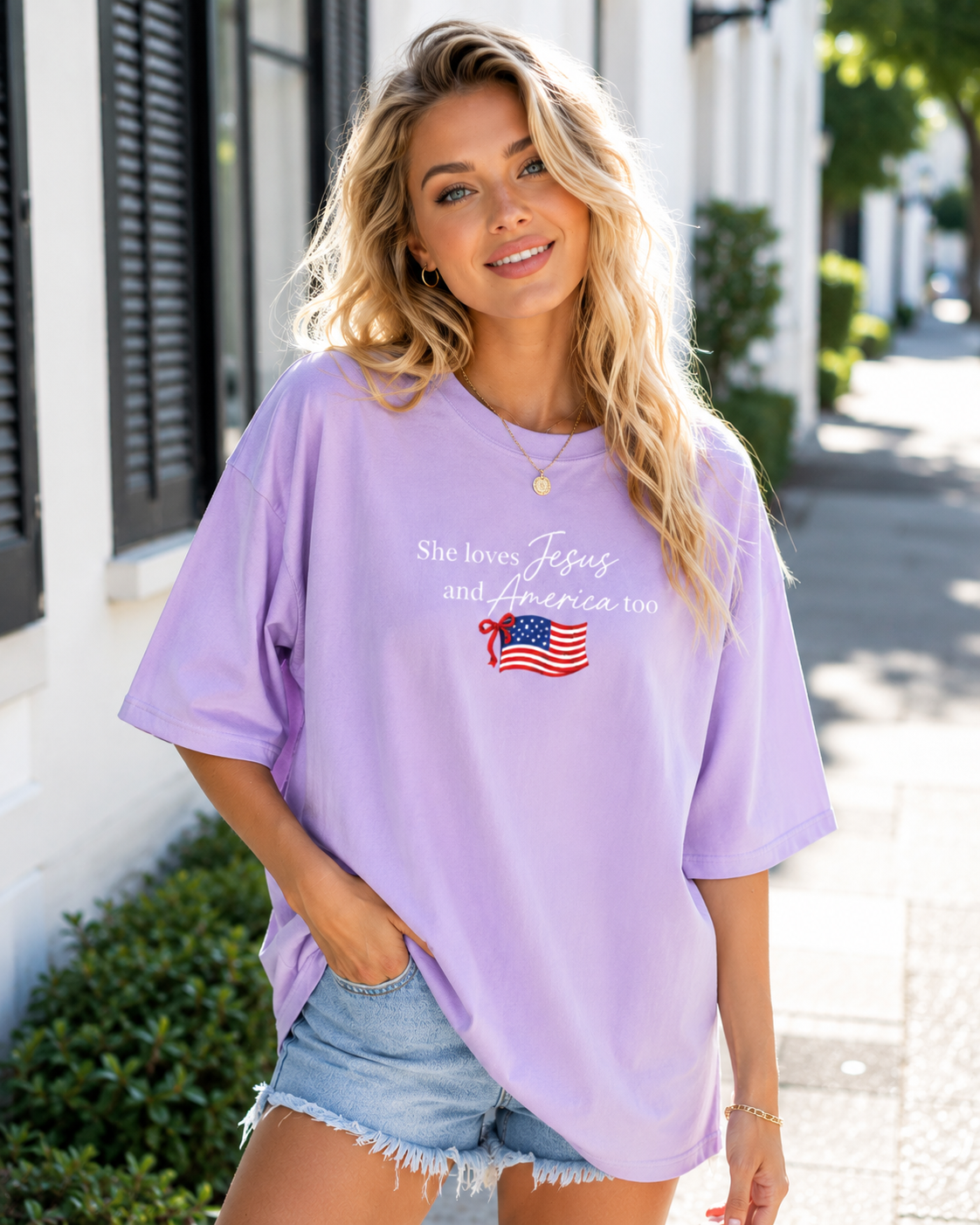 DailyFits She Loves Jesus and America Too Pink T-Shirt | Patriotic Christian Faith Shirt for Women