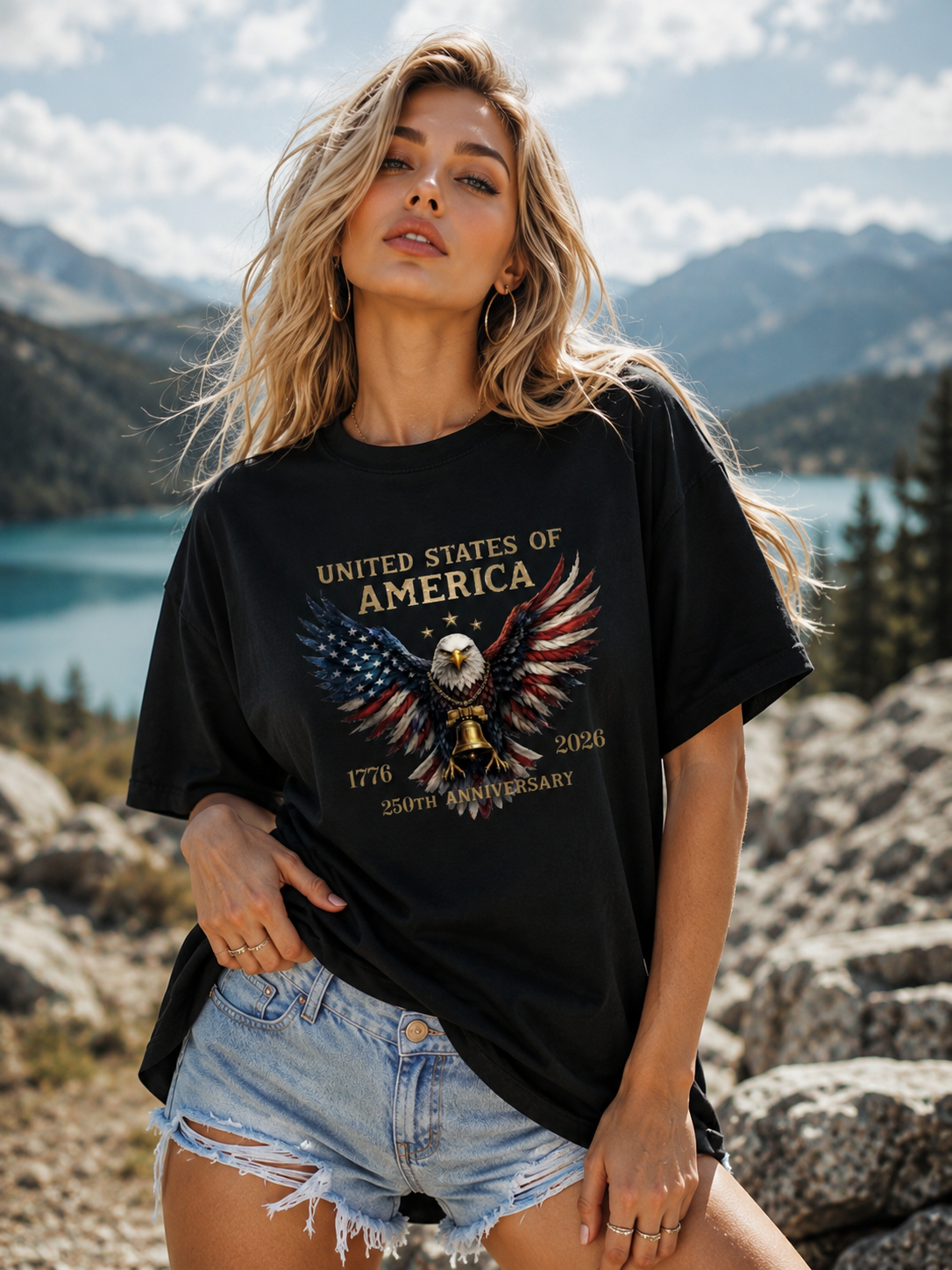 DailyFits United States of America 250th Anniversary Eagle Bell Patriotic T-Shirt