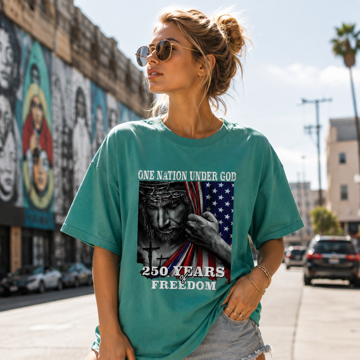 DailyFits One Nation Under God 250 Years of Freedom Patriotic Jesus T-Shirt