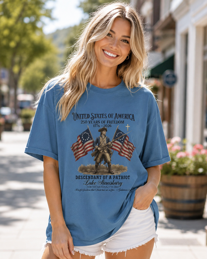 DailyFits Luke Stansbury Descendant of a Patriot T-Shirt | 250 Years of Freedom 1776-2026 Christian