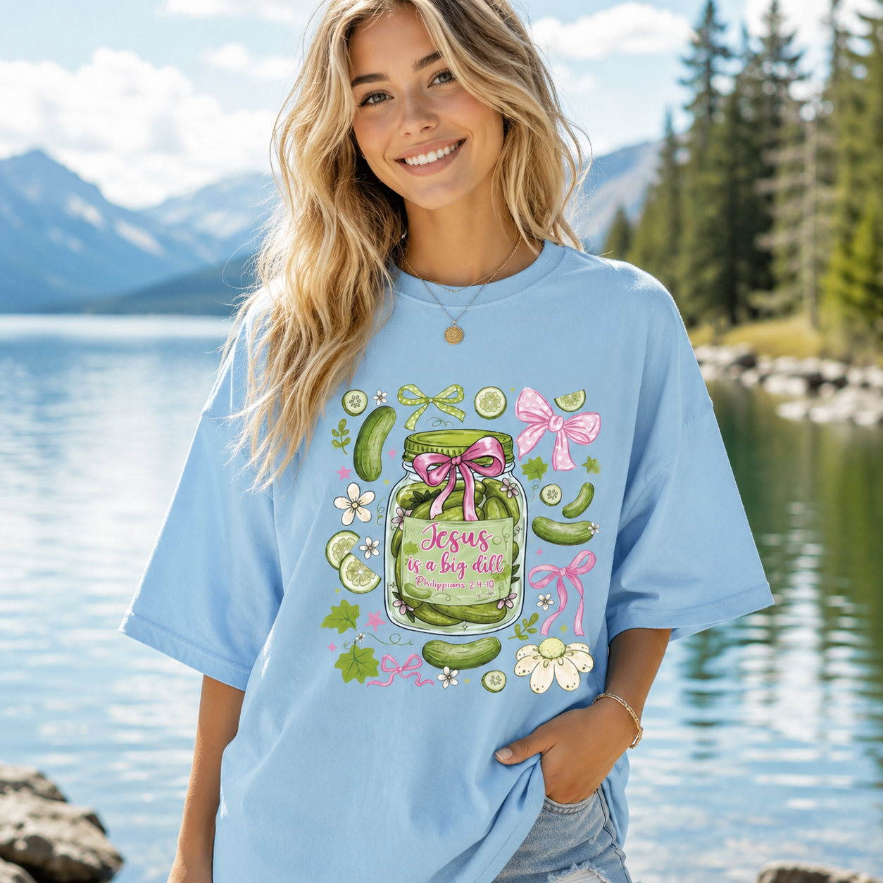 DailyFits Jesus Is A Big Dill Pickle Christian Cute Coquette Bow T-Shirt