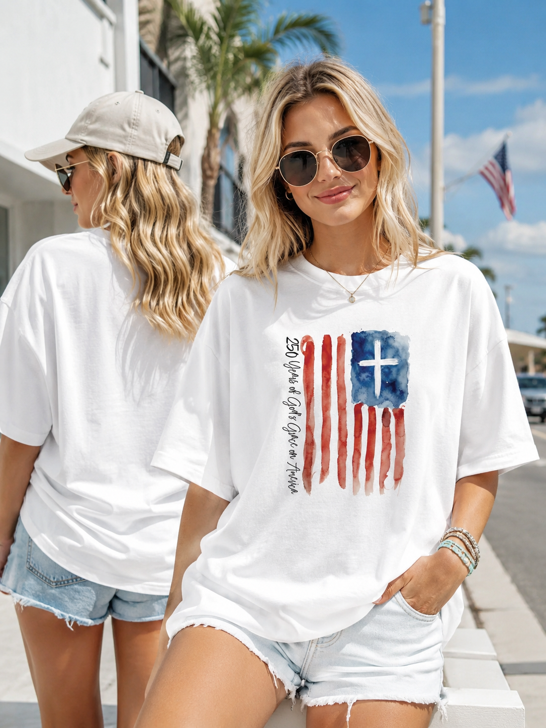 DailyFits 250 Years of God's Grace on America Christian Watercolor American Flag Patriotic T-Shirt