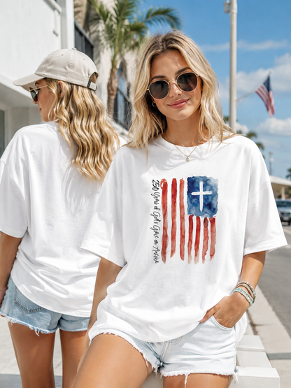 DailyFits 250 Years of God's Grace on America Christian Watercolor American Flag Patriotic T-Shirt