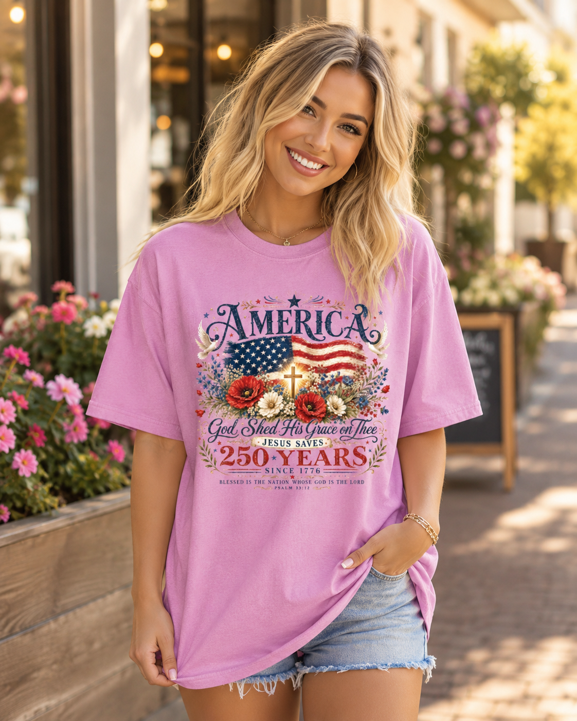 DailyFits America 250 Years Christian T-Shirt | God Shed His Grace Jesus Saves Patriotic USA Faith