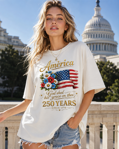 DailyFits America God Shed His Grace on Thee 250 Years Since 1776 Patriotic USA Flag Floral T-Shirt