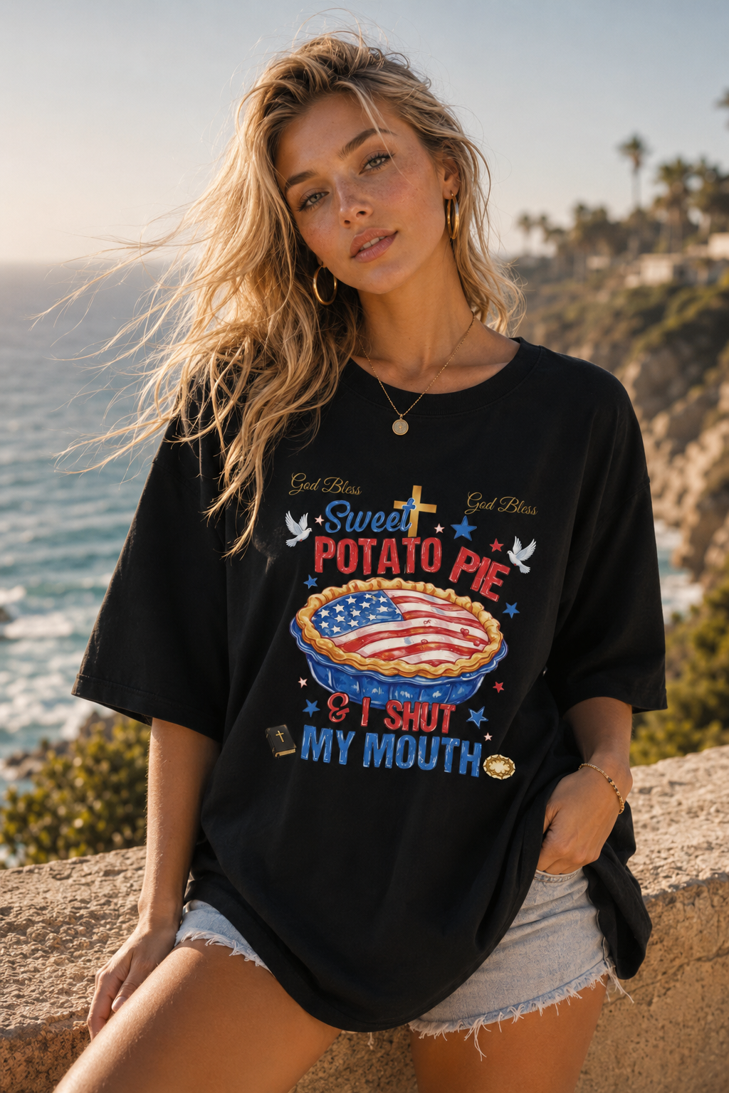 DailyFits Sweet Potato Pie Patriotic Graphic T-Shirt, Funny Southern Food Tee, God Bless America