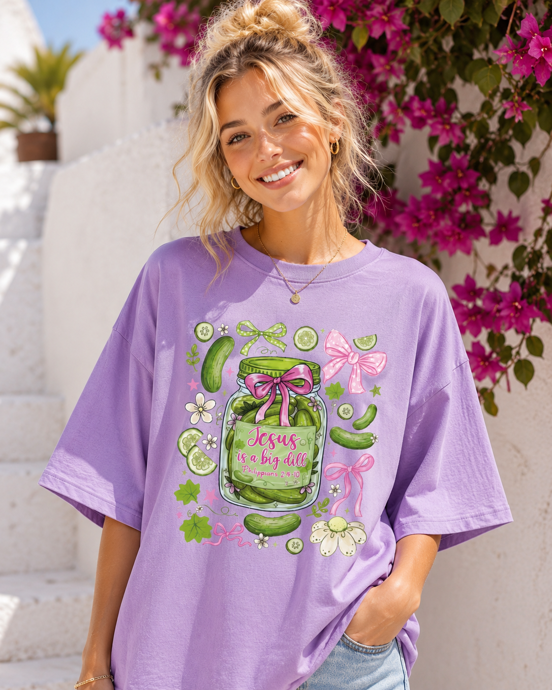 DailyFits Jesus Is A Big Dill Pickle Christian Cute Coquette Bow T-Shirt