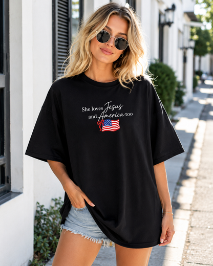 DailyFits She Loves Jesus and America Too Pink T-Shirt | Patriotic Christian Faith Shirt for Women