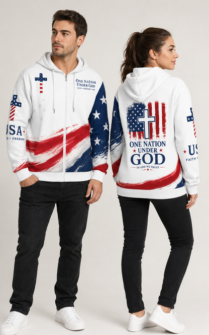 Christian Cross USA Flag Patriotic Zip Hooded Sweatshirt