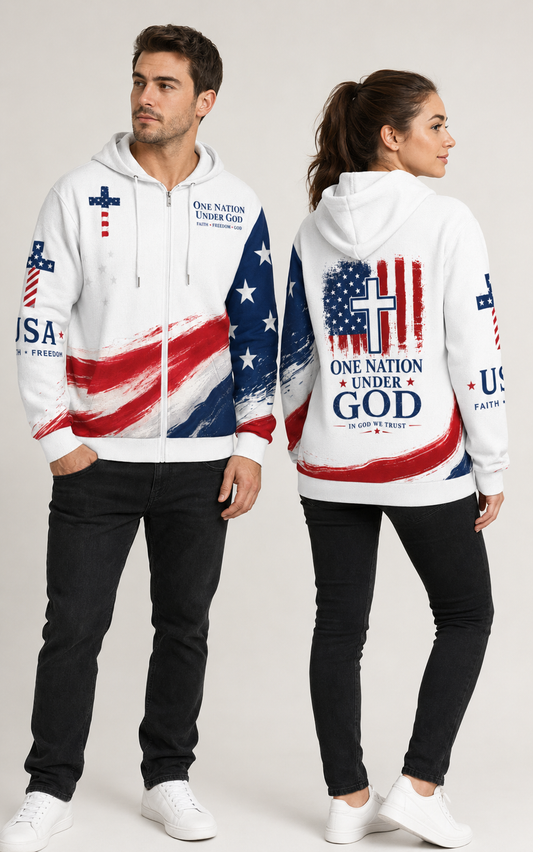 Christian Cross USA Flag Patriotic Zip Hooded Sweatshirt