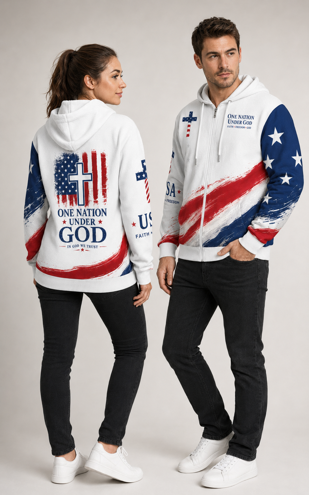Christian Cross USA Flag Patriotic Zip Hooded Sweatshirt