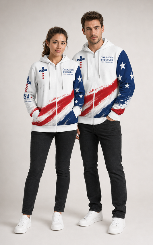 Christian Cross USA Flag Patriotic Zip Hooded Sweatshirt