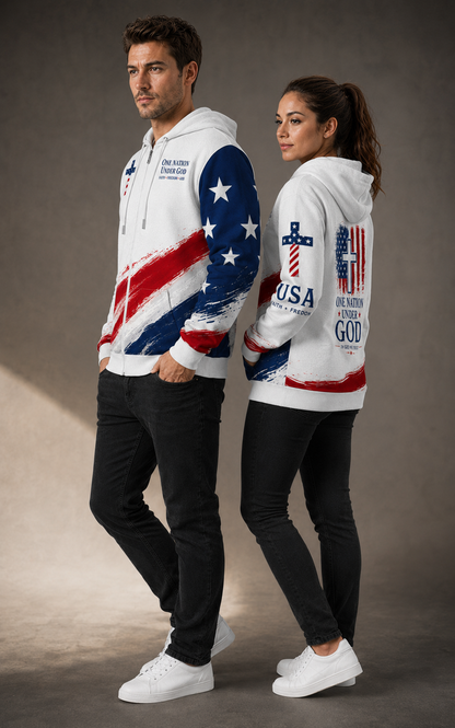 Christian Cross USA Flag Patriotic Zip Hooded Sweatshirt