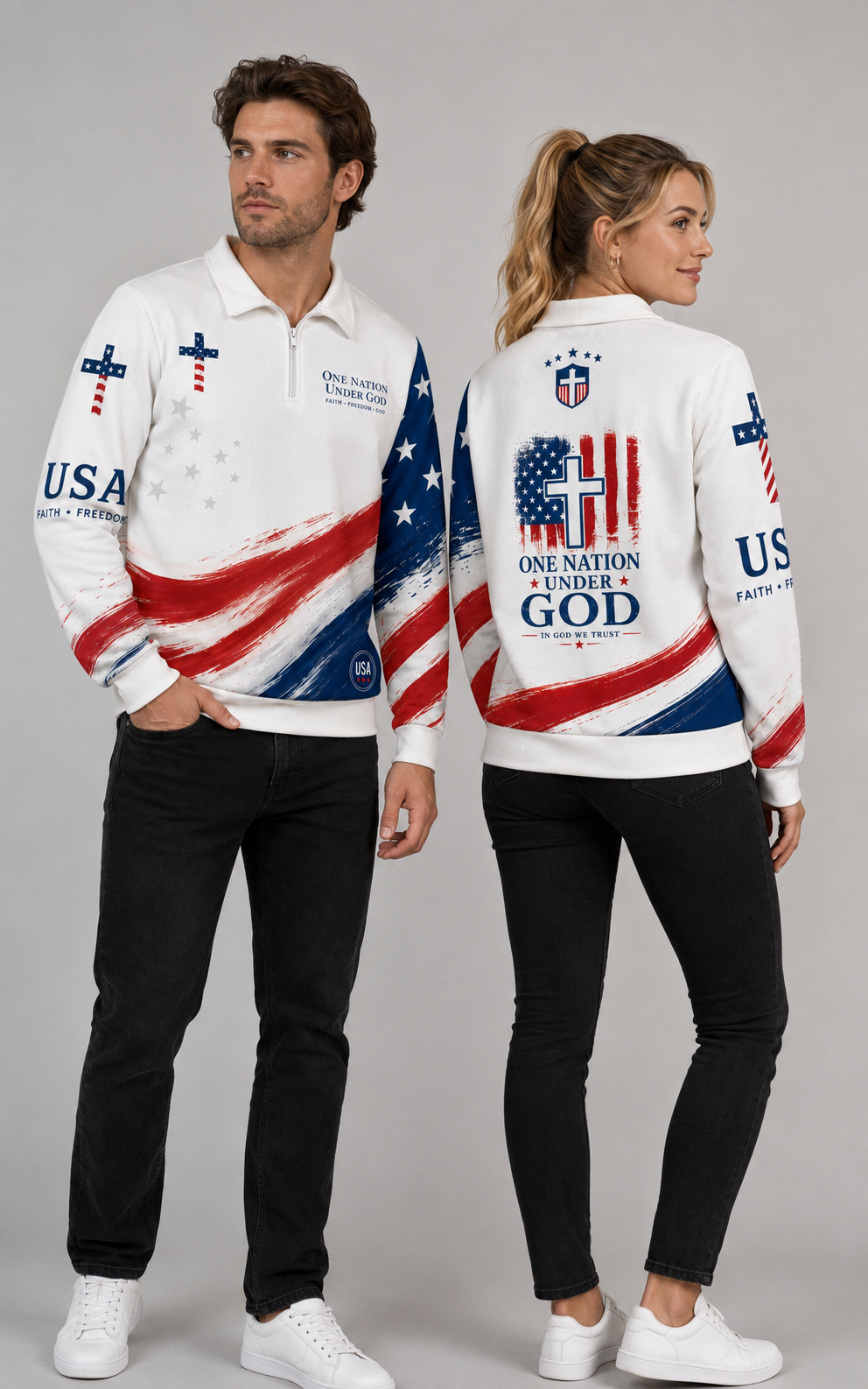 Christian Cross USA Flag Patriotic Lapel Sweatshirt | 310GSM Cotton