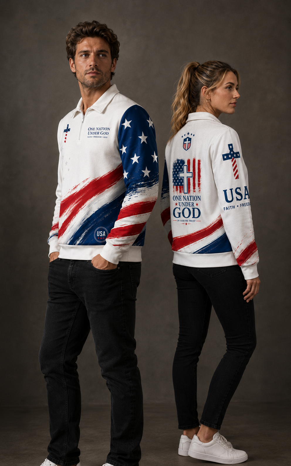 Christian Cross USA Flag Patriotic Lapel Sweatshirt | 310GSM Cotton