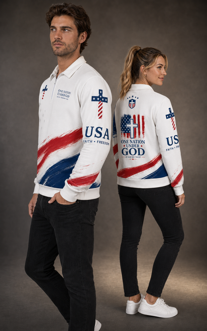 Christian Cross USA Flag Patriotic Lapel Sweatshirt | 310GSM Cotton