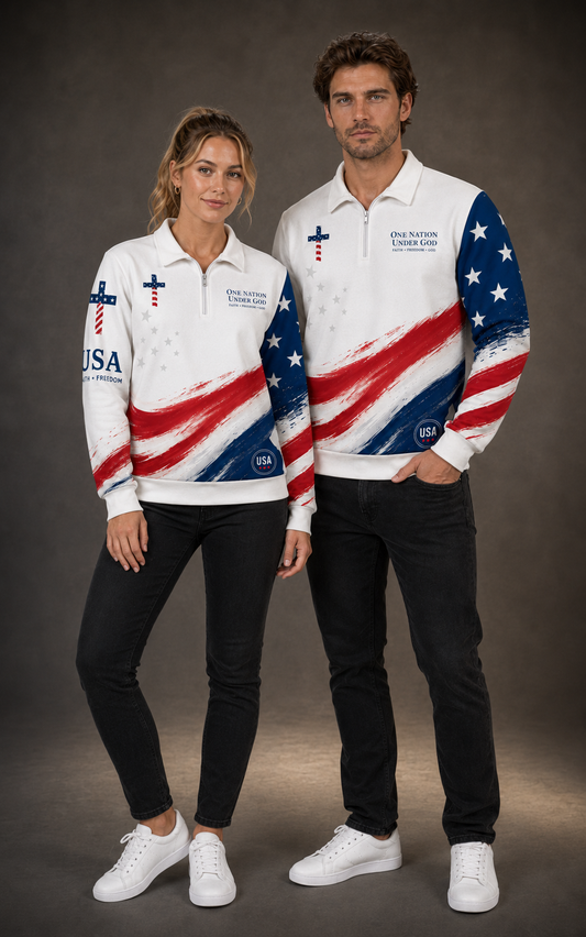 Christian Cross USA Flag Patriotic Lapel Sweatshirt | 310GSM Cotton