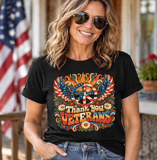 Thank You Veterans Shirt, Hippie Peace Sign Graphic Tee, Retro 70s Patriotic Veterans Day