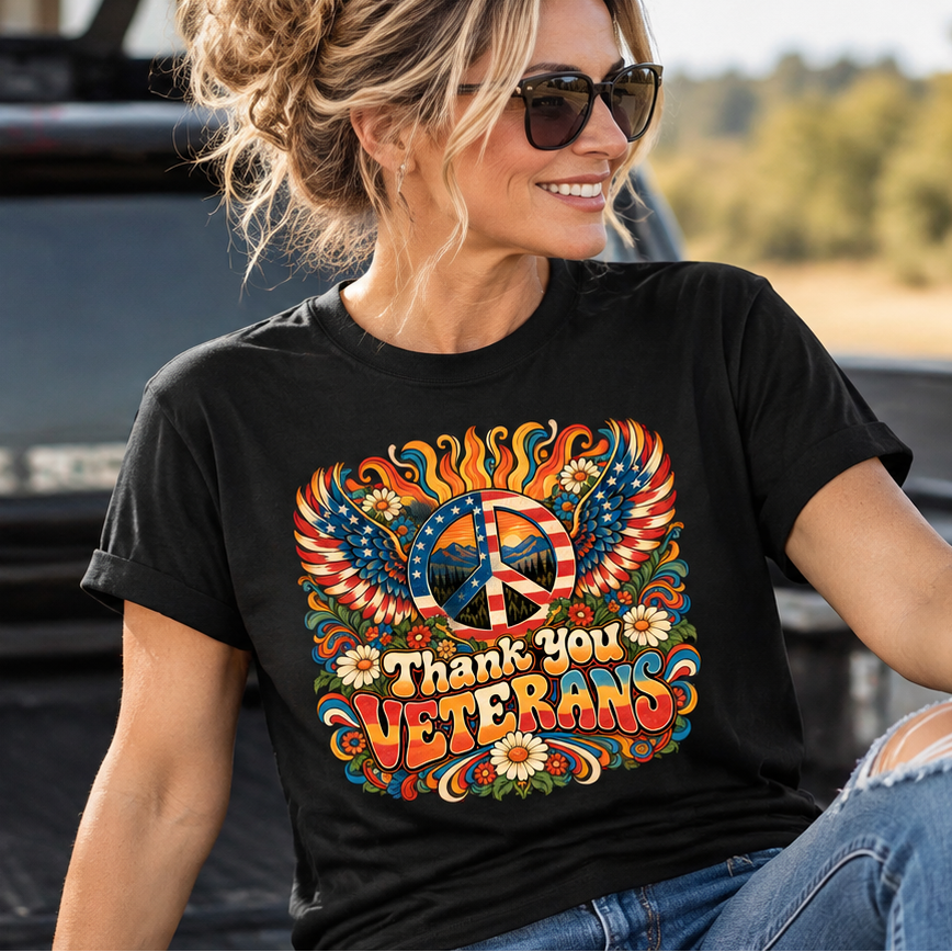 Thank You Veterans Shirt, Hippie Peace Sign Graphic Tee, Retro 70s Patriotic Veterans Day