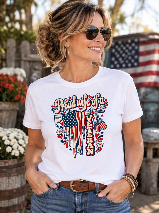 DailyFits Proud Wife of a Veteran Shirt, Retro Hippie Military Wife Tee, Patriotic American Flag