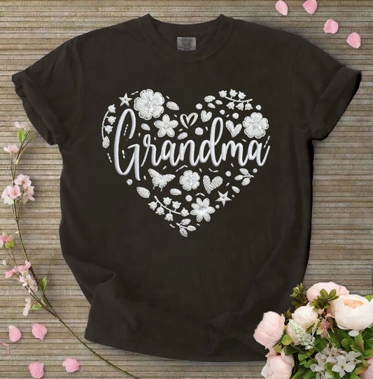 Grandma Floral Heart T-Shirt — Cute Embroidered Style Grandma Gift Tee | Custom Name Comfort Colors