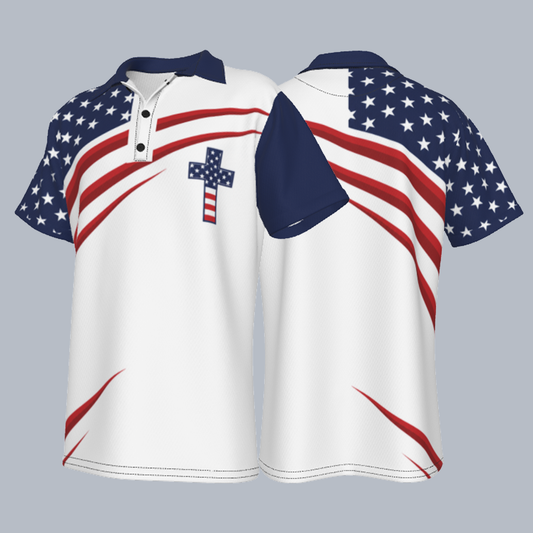 DailyFits Patriotic Christian Cross American Flag Polo Shirt